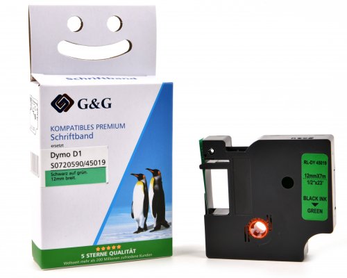 Kompatibel mit Dymo D1/ 45019/ S0720590 Schriftband (12mm x 7m) Schwarz auf Grün jetzt kaufen - Marke: G&G